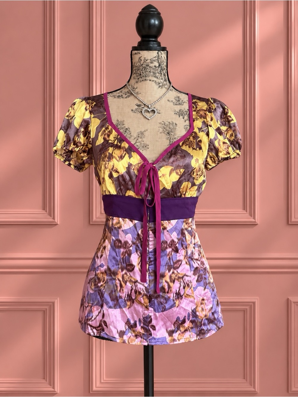 Y2K Marciano Silk Floral V-Neck Top Puff Sleeves